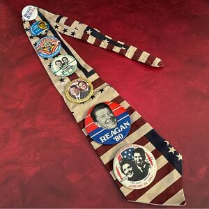 Patriotic Striped Tie with Vintage 1977 & 1980 Campaign  Buttons